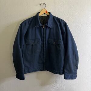 Vintage Cintas Insulated Work Jacket Navy Blue Durable Press Talon Zip USA Large